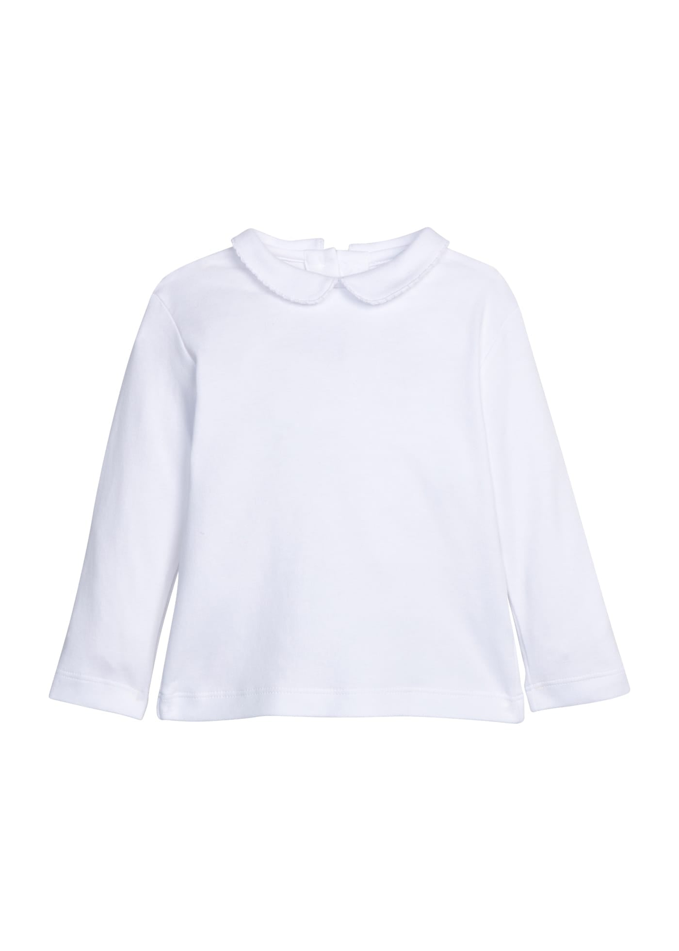 Little English Peter Pan Picot Shirt in White — long sleeve white cotton shirt with peter pan collar and white picot trim