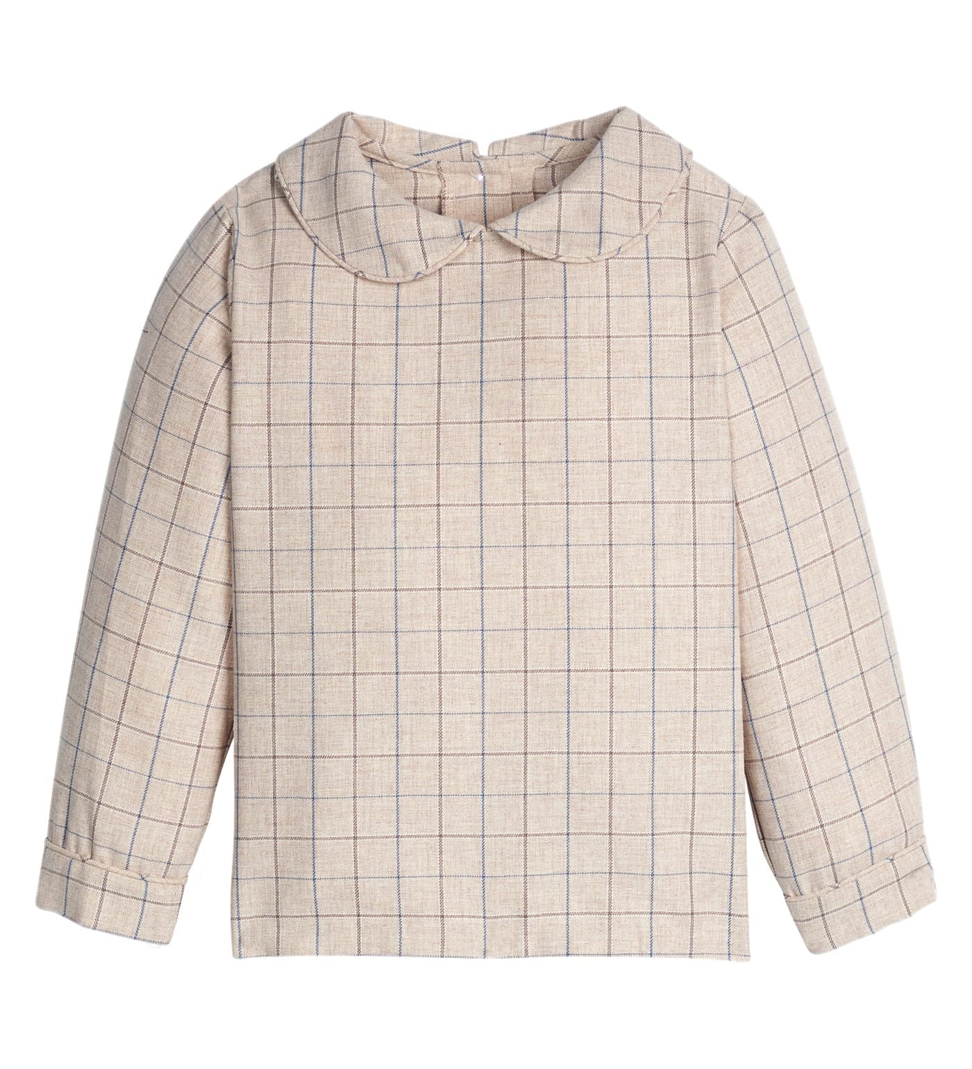 Little English Peter Pan Shirt in Durham Windowpane — tan and blue windowpane peter pan collar shirt for toddler boys