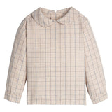 Little English Peter Pan Shirt in Durham Windowpane — tan and blue windowpane peter pan collar shirt for toddler boys