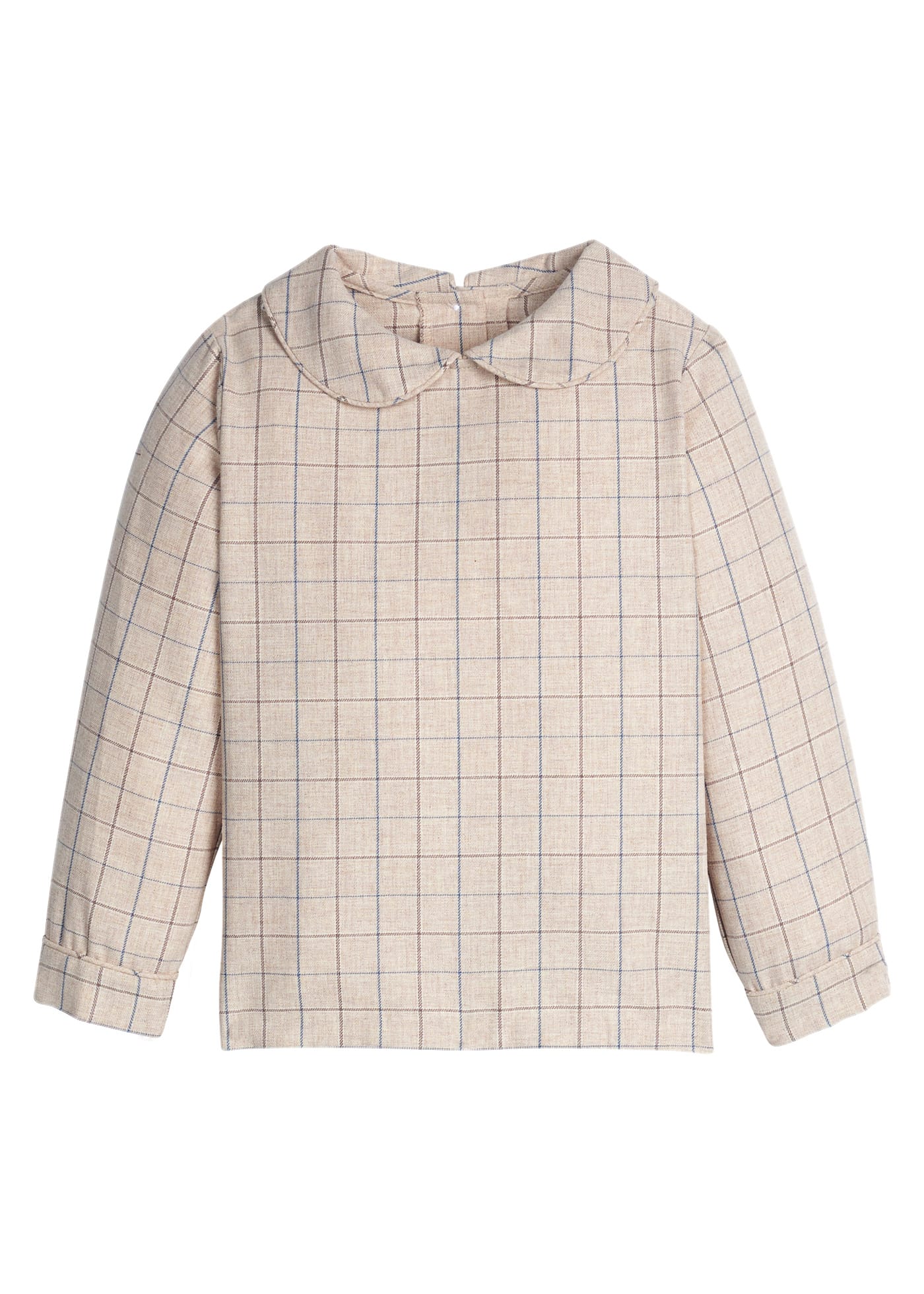 Little English Peter Pan Shirt in Durham Windowpane — tan and blue windowpane peter pan collar shirt for toddler boys