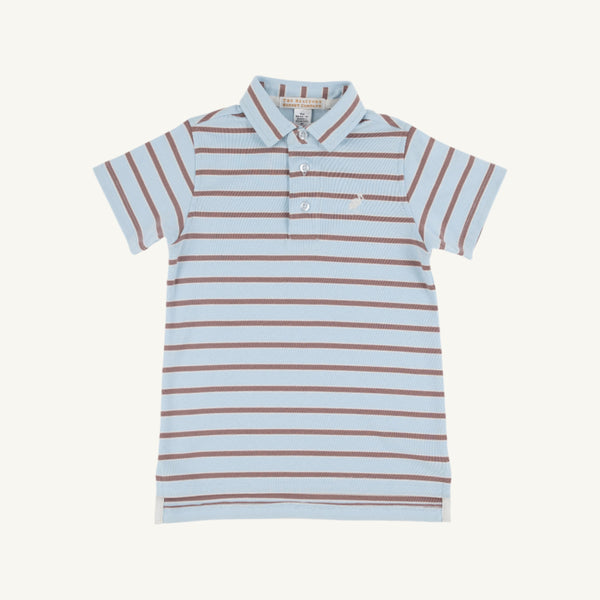 Prim and Proper Polo - Buckhead Blue, Palmetto Pearl, & Gray Bay Brown Stripe with Palmetto Pearl Stork