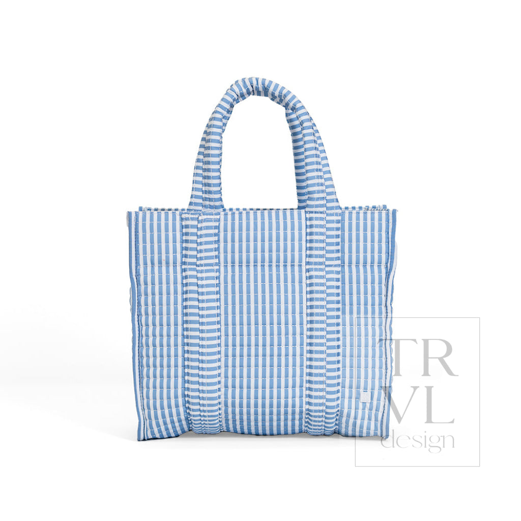 TRVL Quilted Mini Go Go Tote in Pimlico Stripe Chambray, a small soft blue stripe quilted tote with shoulder straps