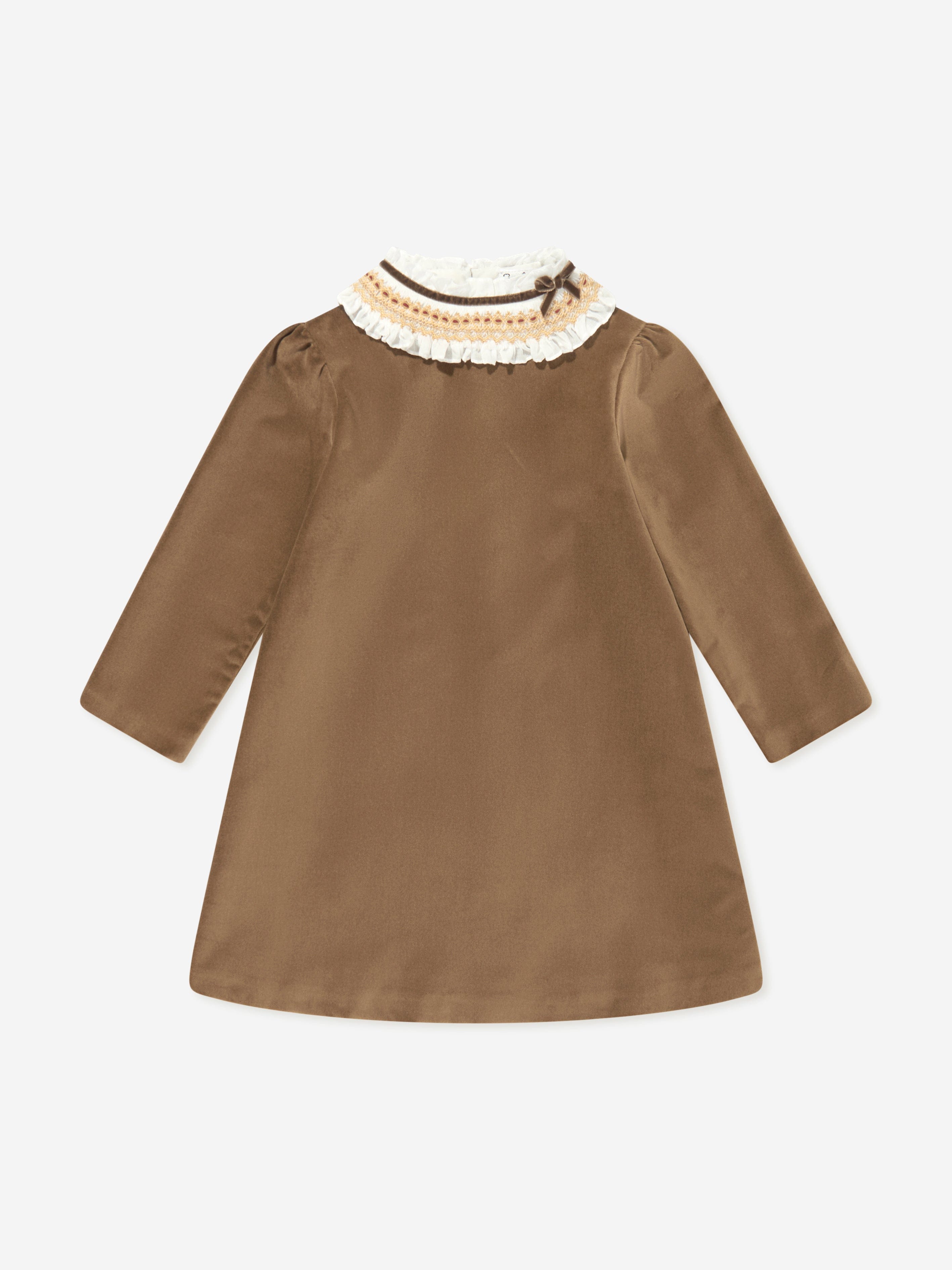 Velvet Dress with Smocked Collar - Gold
