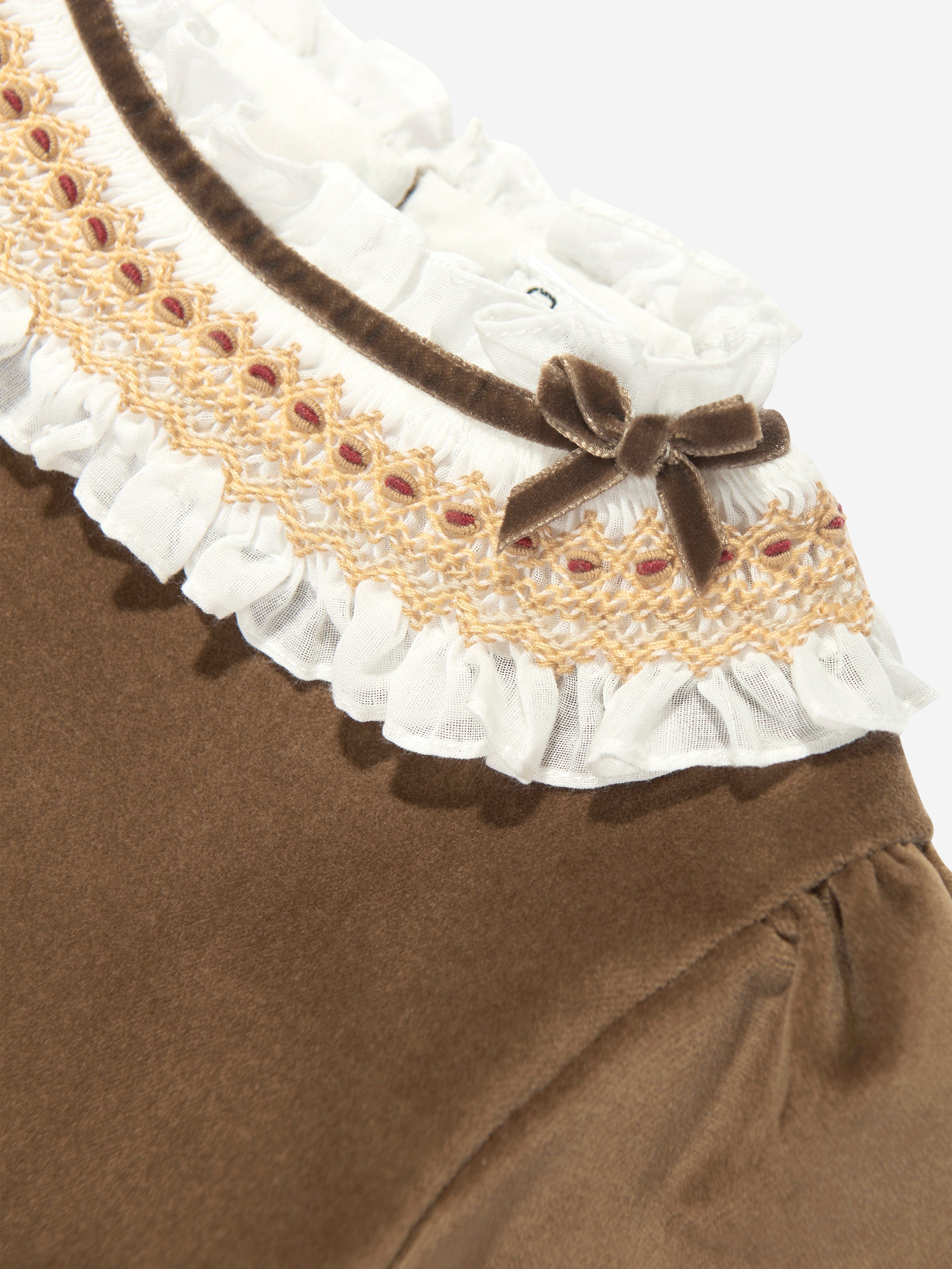Velvet Dress with Smocked Collar - Gold