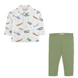 Baby Club Chic airplanes printed pima long sleeve collared tee and pants set