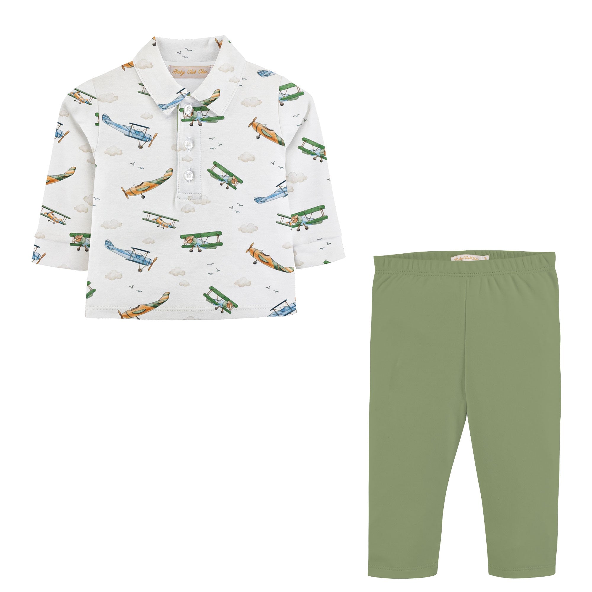 Baby Club Chic airplanes printed pima long sleeve collared tee and pants set