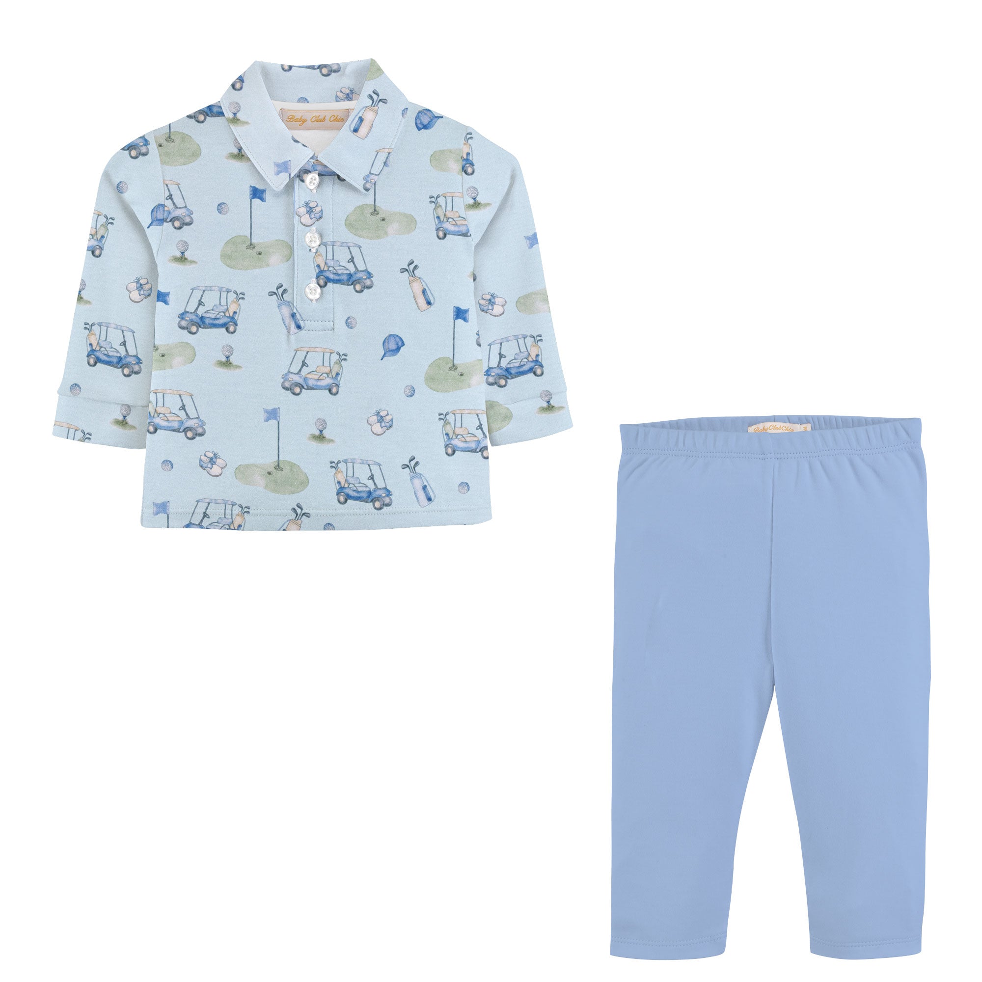 Baby Club Chic tee champs printed pima long sleeve collared tee and pants set