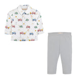 Baby Club Chic tractor time printed pima long sleeve collared tee and pants set
