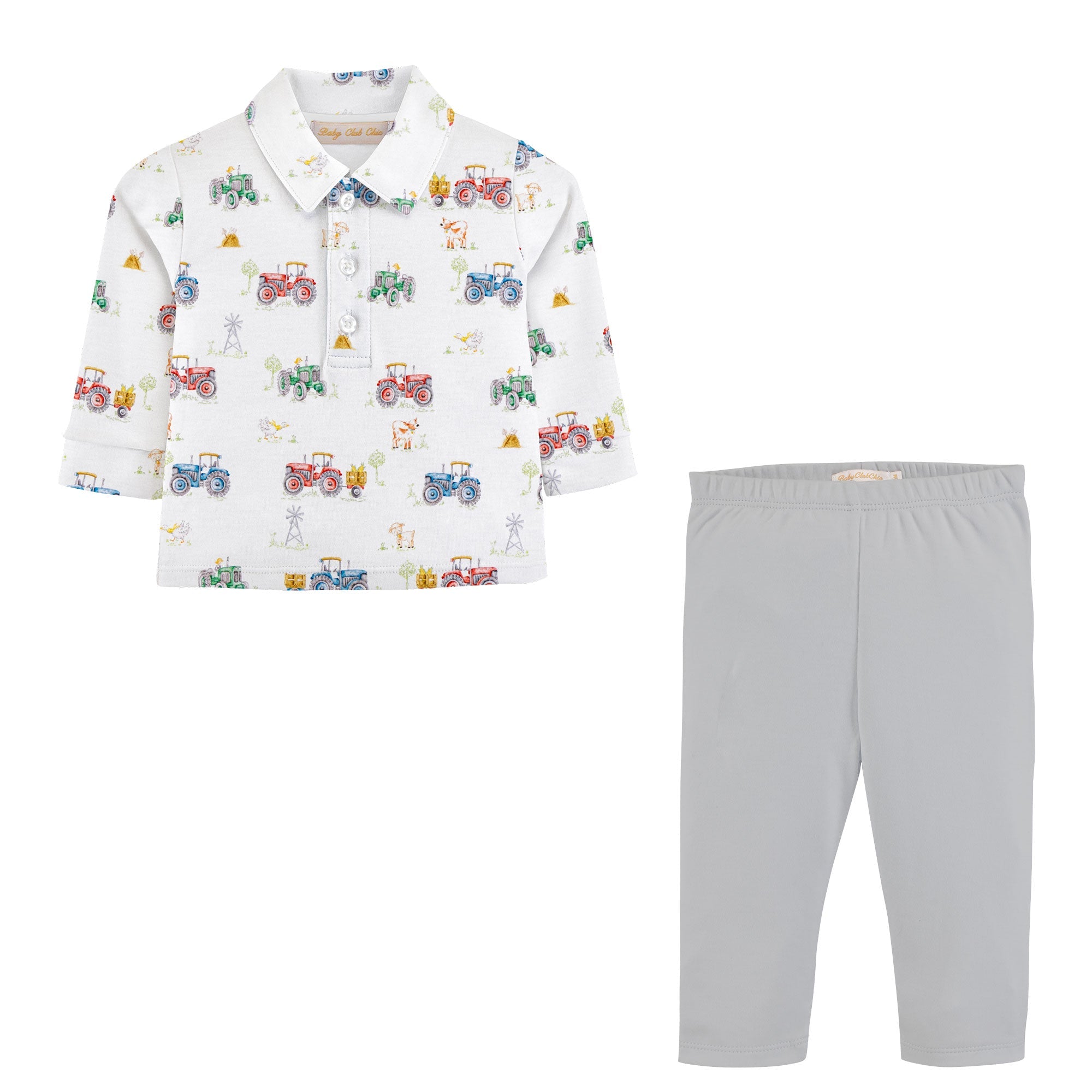 Baby Club Chic tractor time printed pima long sleeve collared tee and pants set