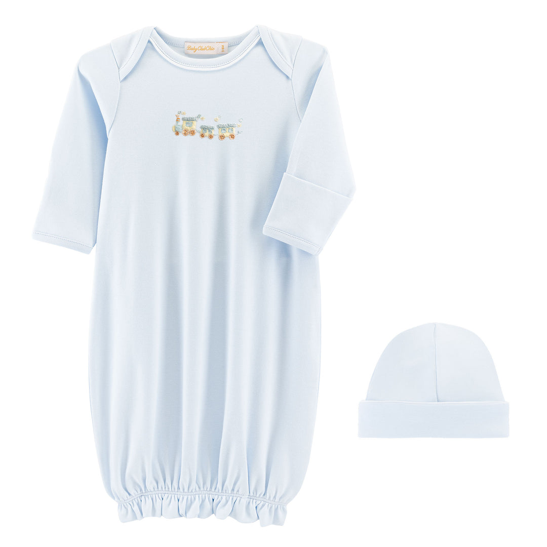Little Train Gown With Pipping Trim & Hat Set