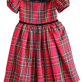 Susanne Lively red holiday plaid dress with black velvet Peter Pan collar, puff sleeves and velvet waist trim