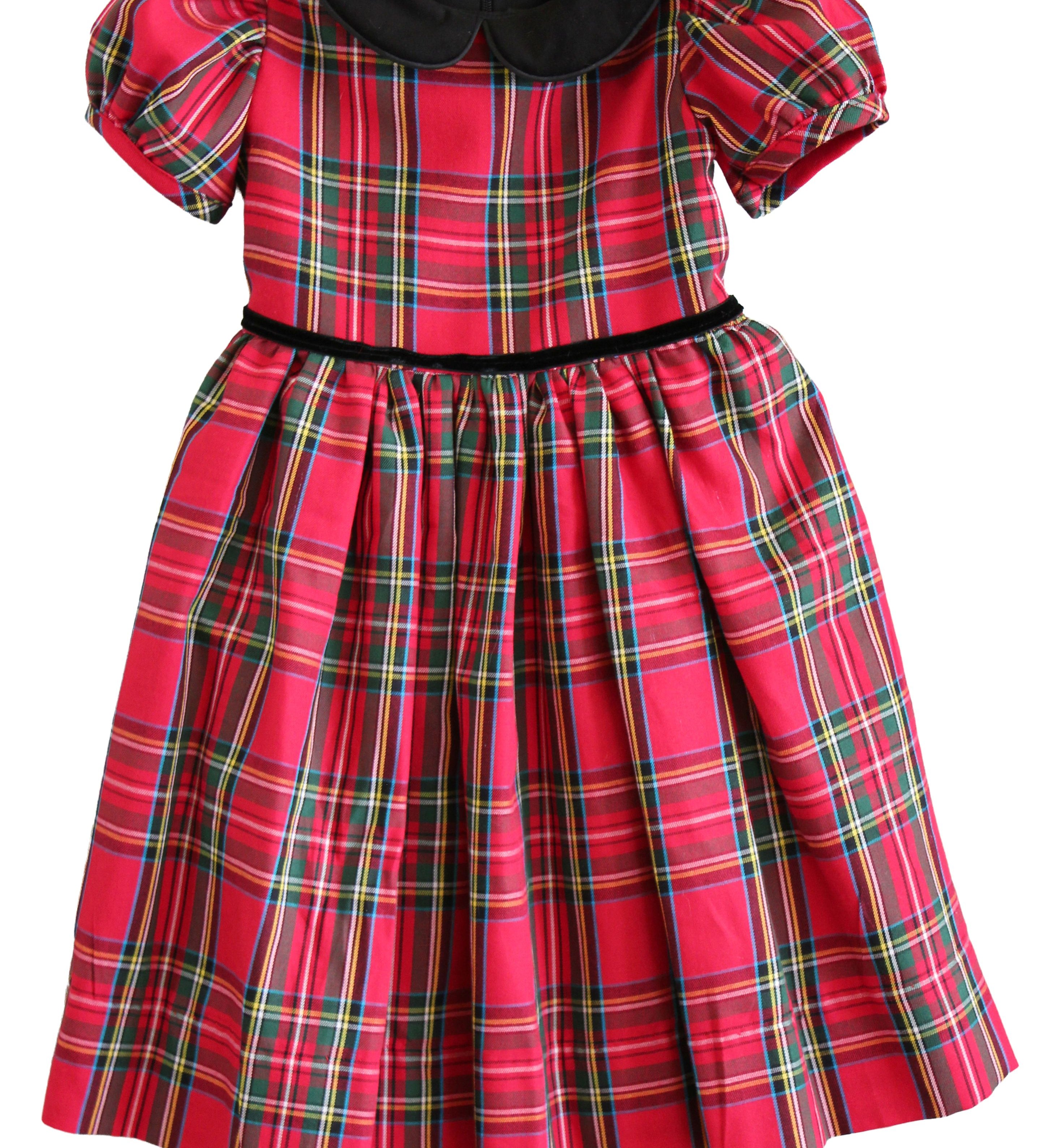 Susanne Lively red holiday plaid dress with black velvet Peter Pan collar, puff sleeves and velvet waist trim