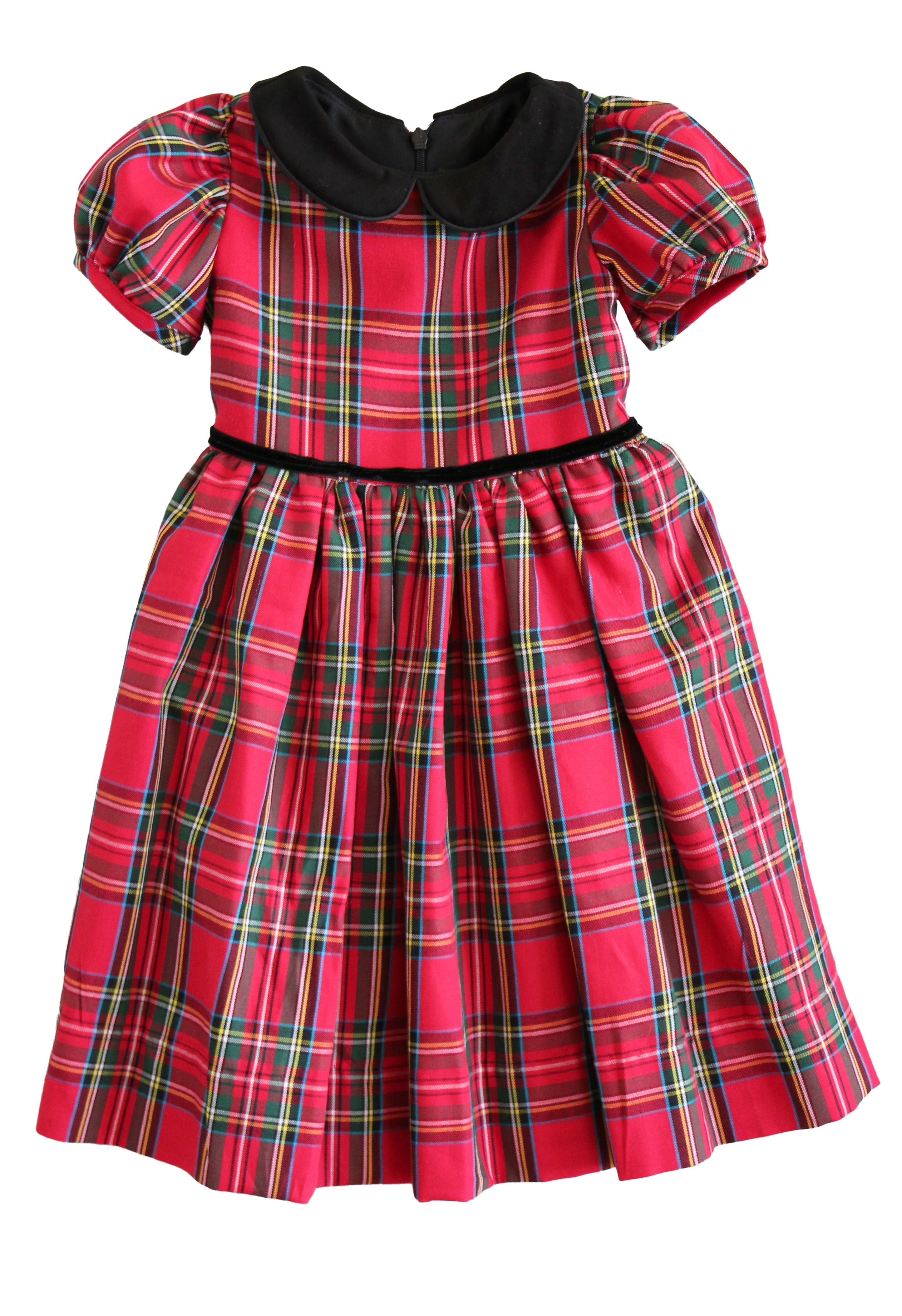 Susanne Lively red holiday plaid dress with black velvet Peter Pan collar, puff sleeves and velvet waist trim