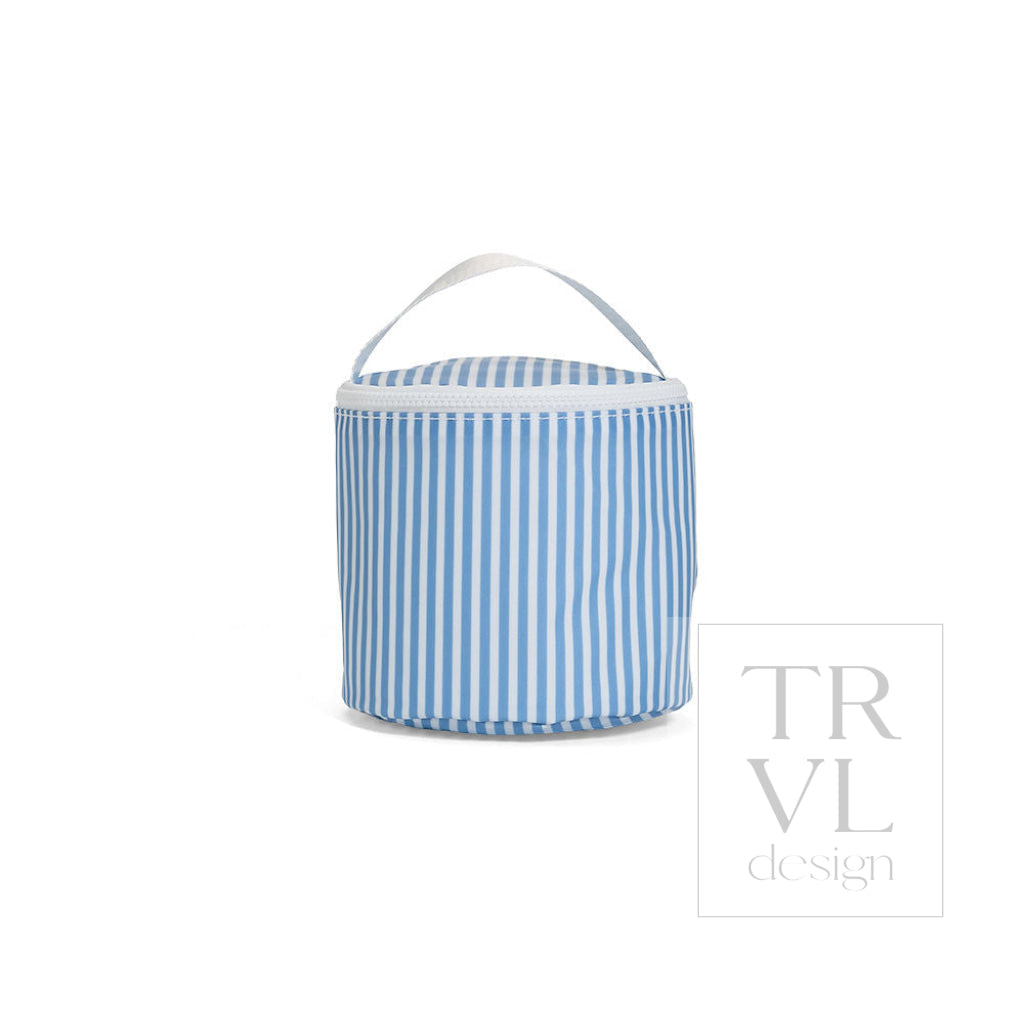 TRVL reusable snack bag in Pimlico Stripe Chambray, a soft blue striped coated fabric