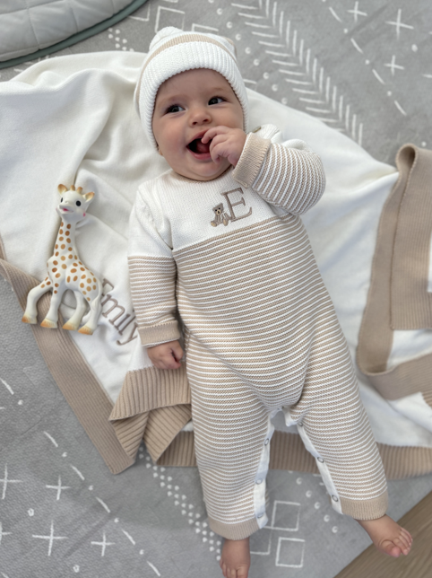 Seed Stitch Striped Cotton Onesie: Cream/Oatmeal