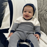 Seed Stitch Striped Cotton Onesie: Cream/Navy