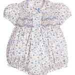 Little English Smocked Bridget Bubble in Wisteria Floral — blue floral peter pan bubble for baby girls with puff sleeves, ruffle details and chest smocking