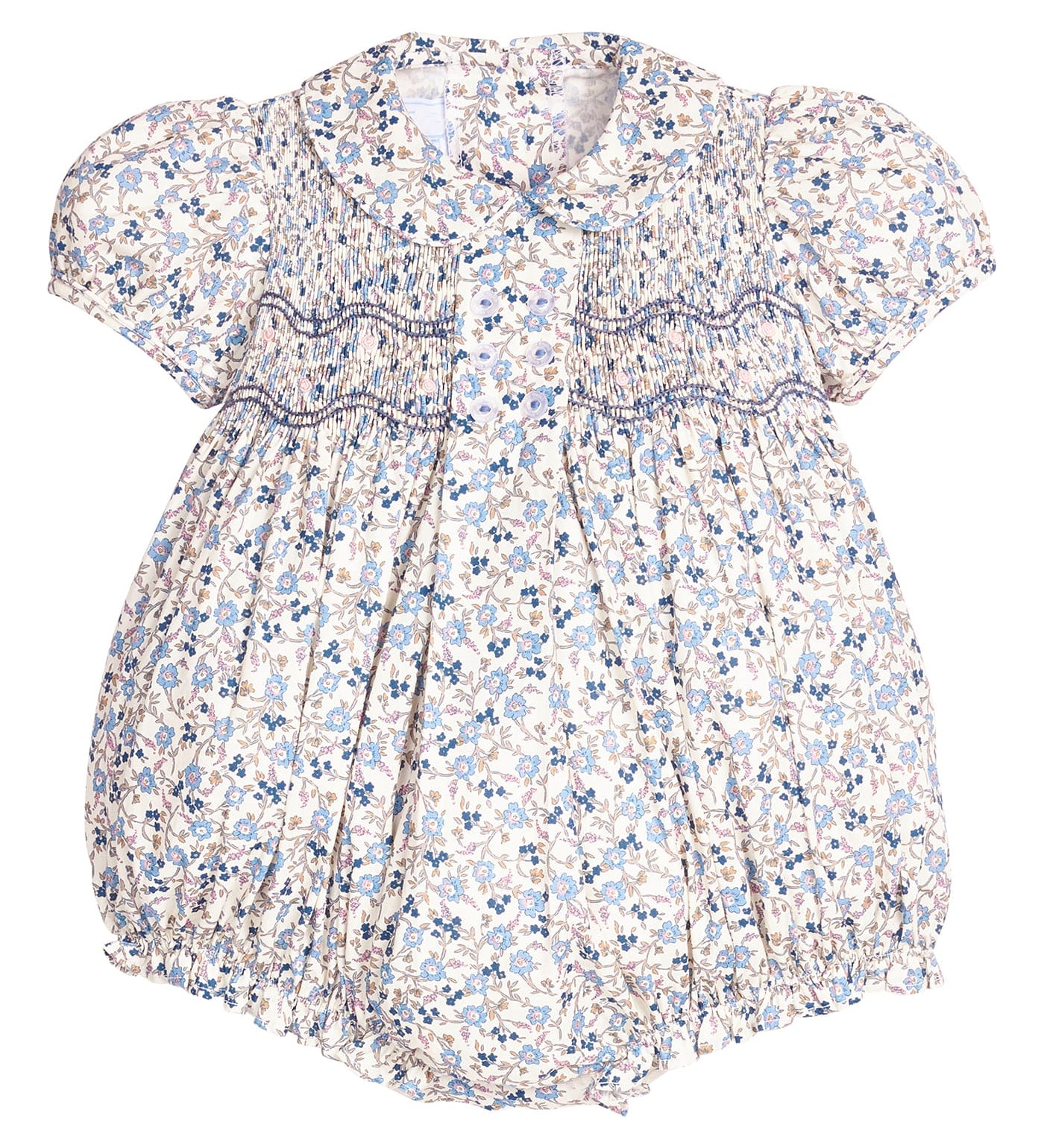 Little English Smocked Bridget Bubble in Wisteria Floral — blue floral peter pan bubble for baby girls with puff sleeves, ruffle details and chest smocking