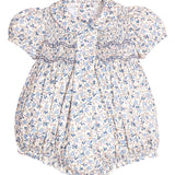 Little English Smocked Bridget Bubble in Wisteria Floral — blue floral peter pan bubble for baby girls with puff sleeves, ruffle details and chest smocking