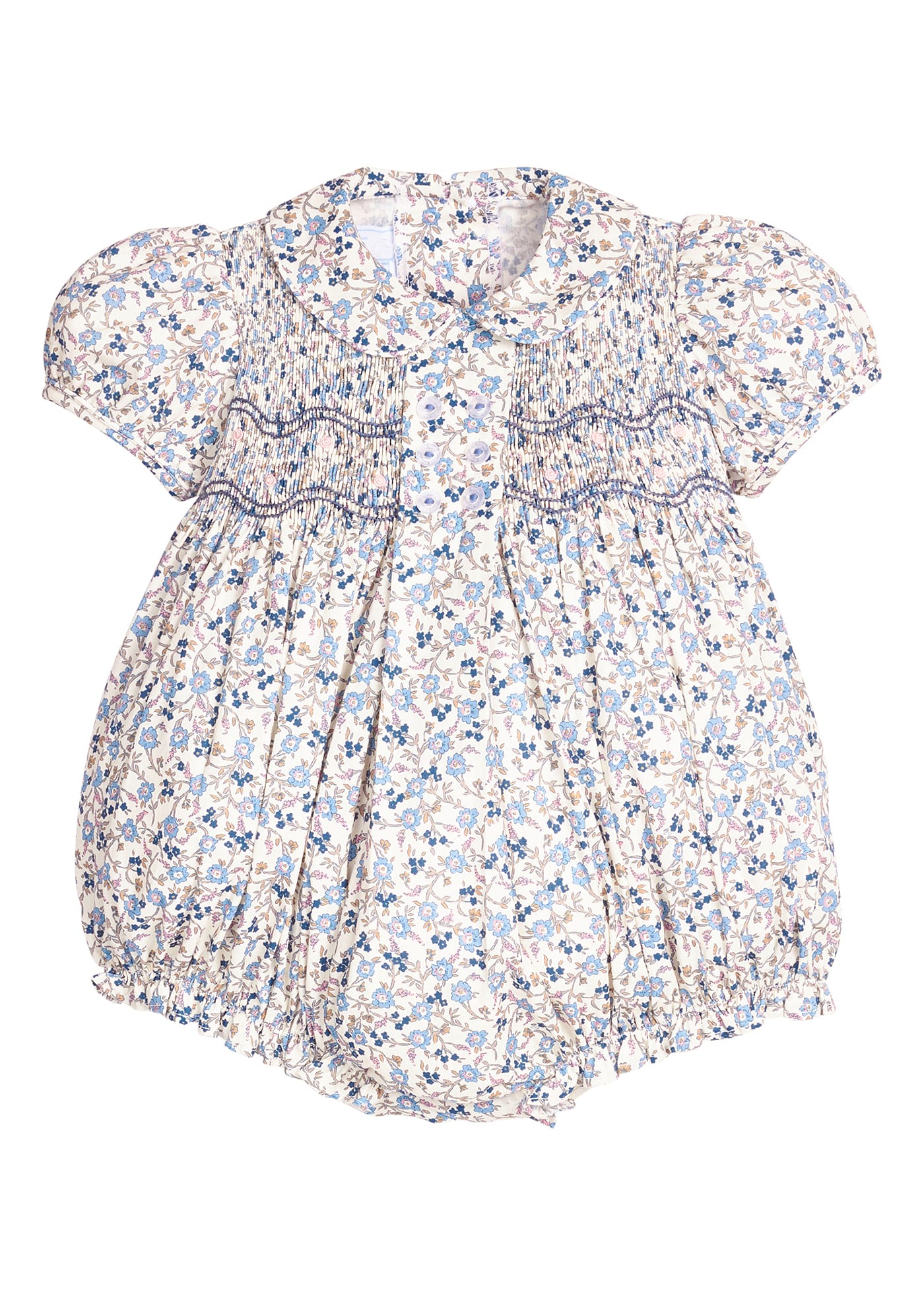 Little English Smocked Bridget Bubble in Wisteria Floral — blue floral peter pan bubble for baby girls with puff sleeves, ruffle details and chest smocking