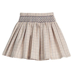 Little English Smocked Molly Skirt in Durham Windowpane — tan and blue windowpane skirt with hand-smocked blue waistband for girls
