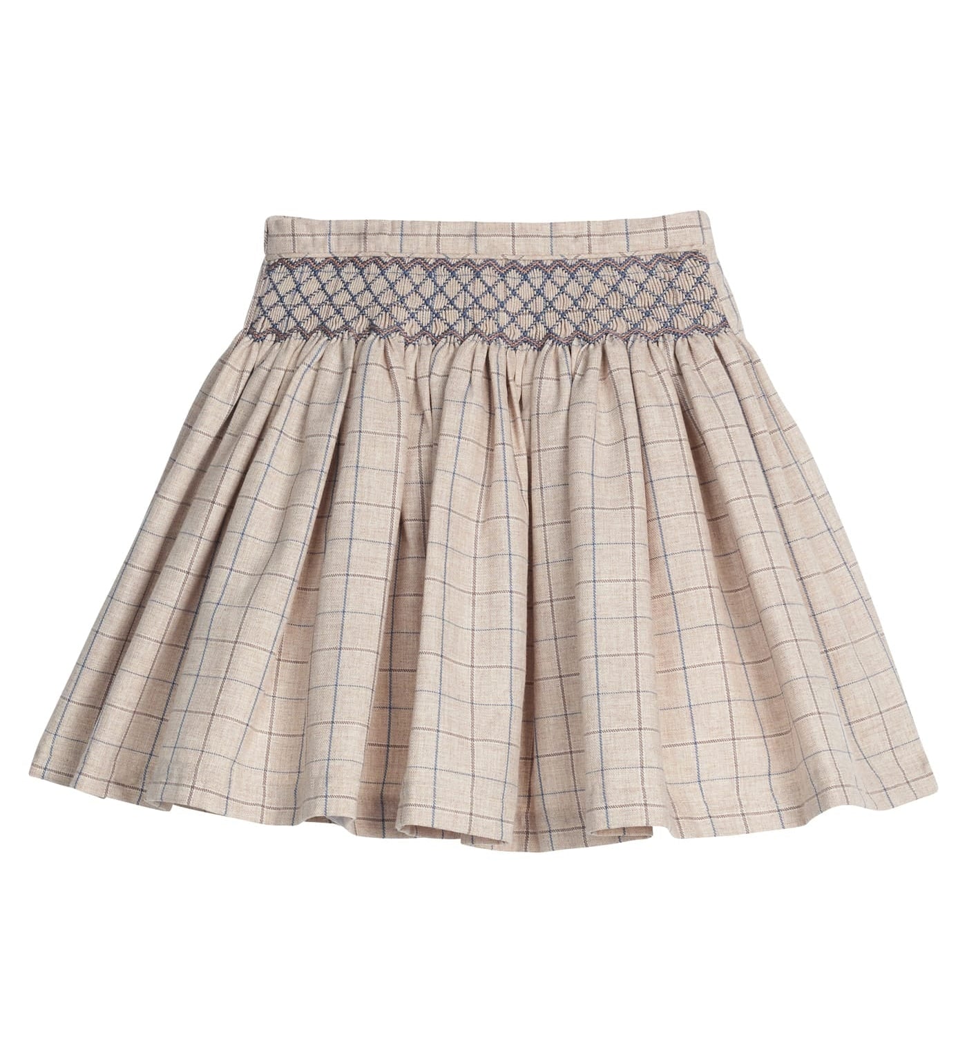 Little English Smocked Molly Skirt in Durham Windowpane — tan and blue windowpane skirt with hand-smocked blue waistband for girls