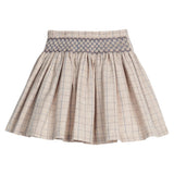 Little English Smocked Molly Skirt in Durham Windowpane — tan and blue windowpane skirt with hand-smocked blue waistband for girls