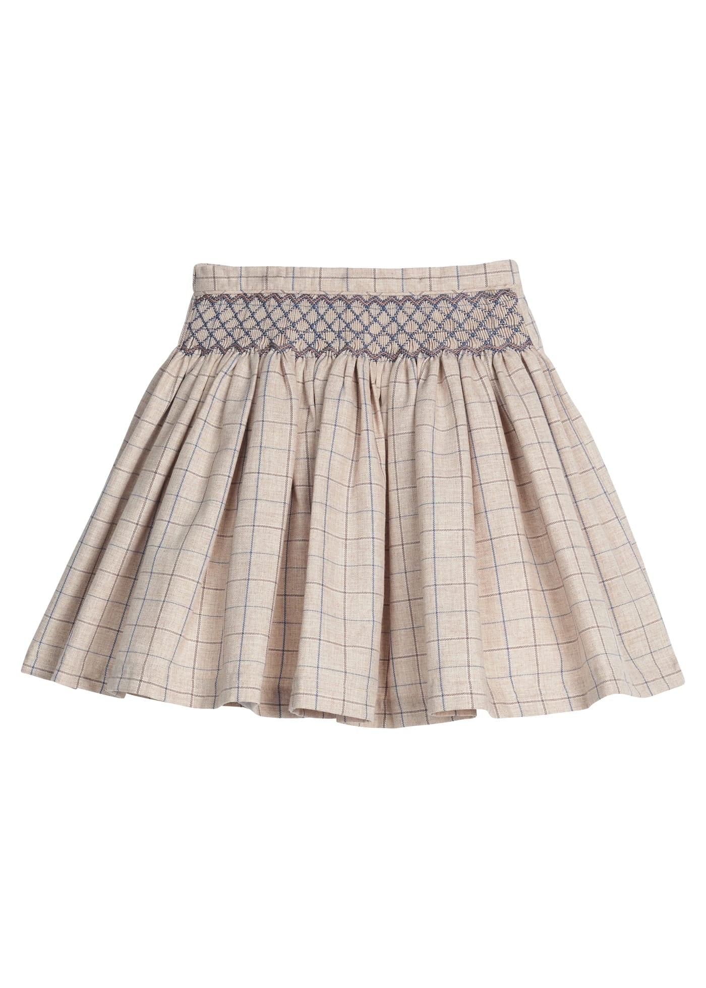 Little English Smocked Molly Skirt in Durham Windowpane — tan and blue windowpane skirt with hand-smocked blue waistband for girls