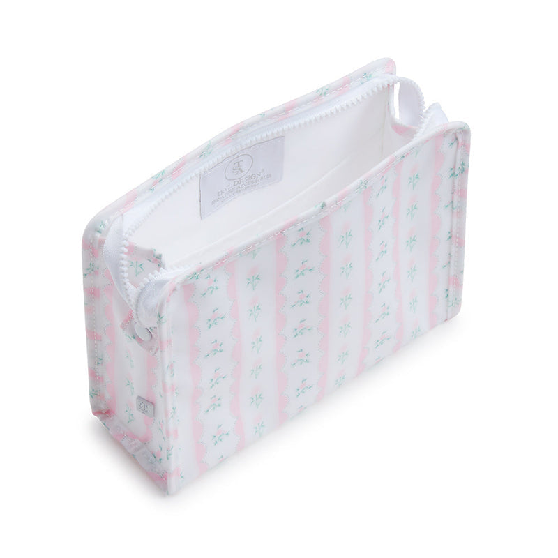 TRVL Roadie medium zip pouch in Ribbon Floral Pink, a soft pink floral coated cotton pouch with a chunky zipper