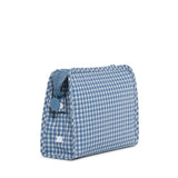 TRVL Roadie medium zip pouch in Rodeo Check Indigo, a deep blue and white check coated cotton pouch with a chunky zipper