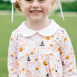 Girl wearing The Proper Peony Pink Casper long sleeve tunic set with ghost print