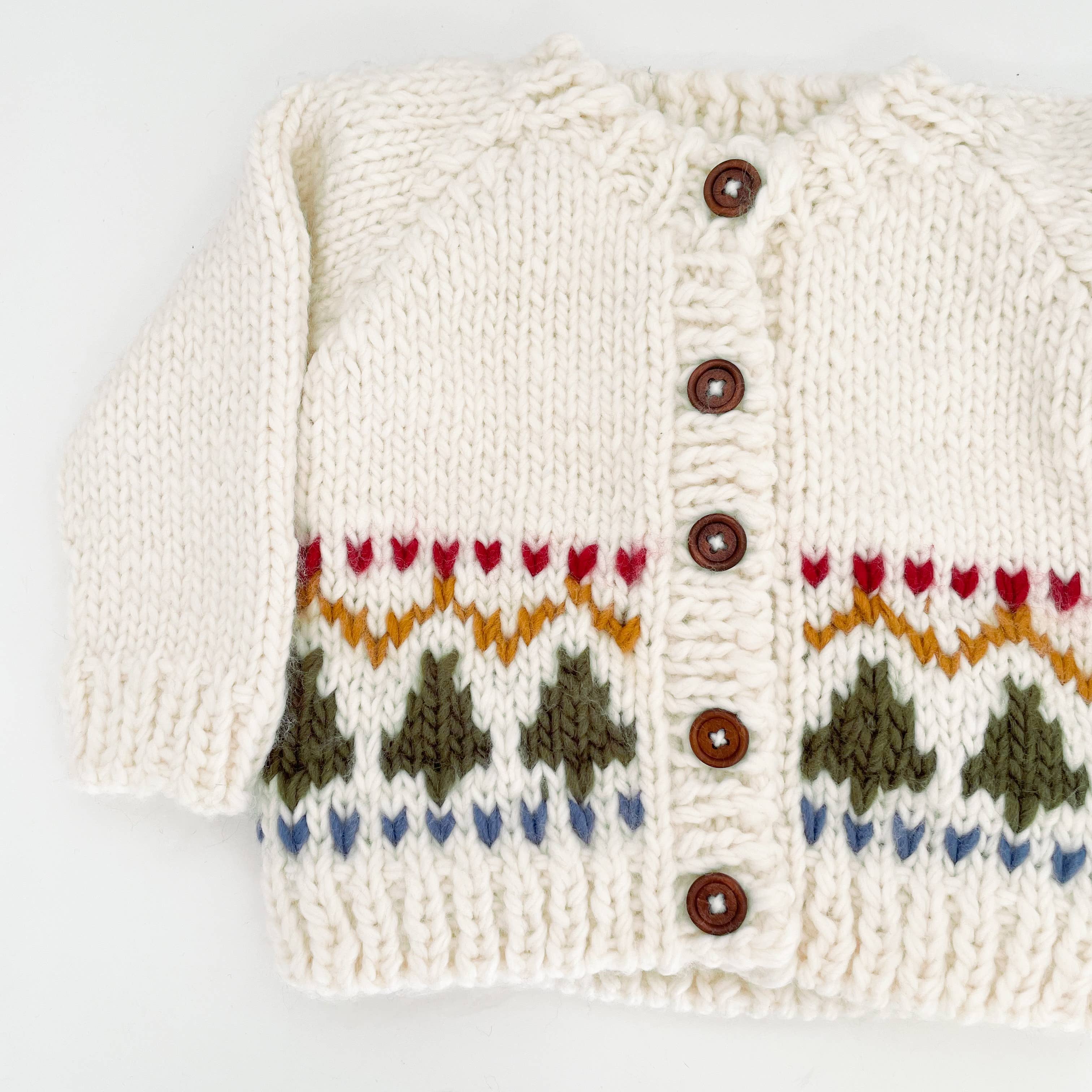 Close-up of the Fair Isle tree knit pattern