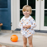 The Proper Peony Blue Casper long sleeve boy bubble in soft blue pima with ghost print