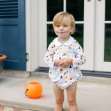 The Proper Peony Blue Casper long sleeve boy bubble in soft blue pima with ghost print