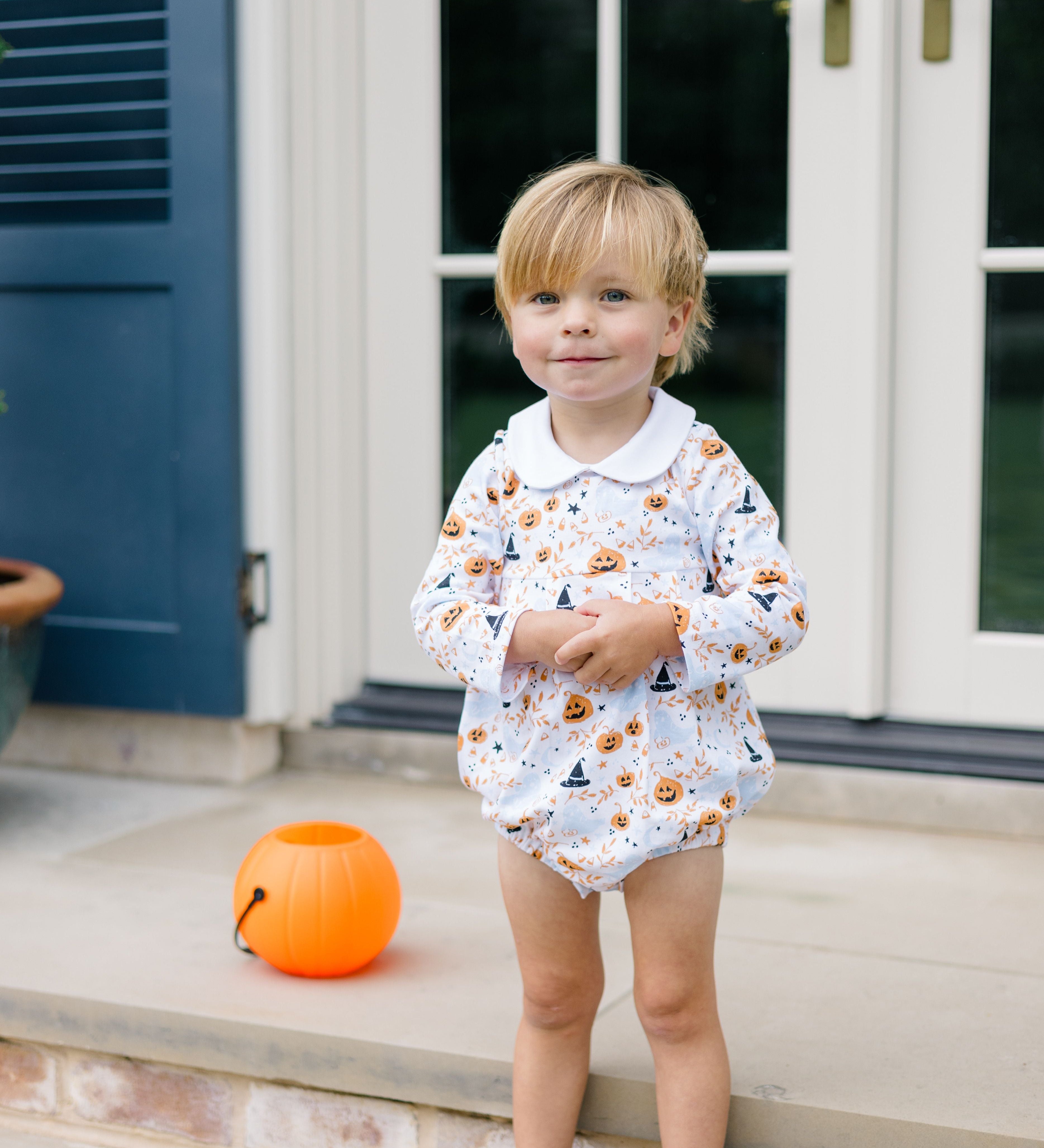 The Proper Peony Blue Casper long sleeve boy bubble in soft blue pima with ghost print