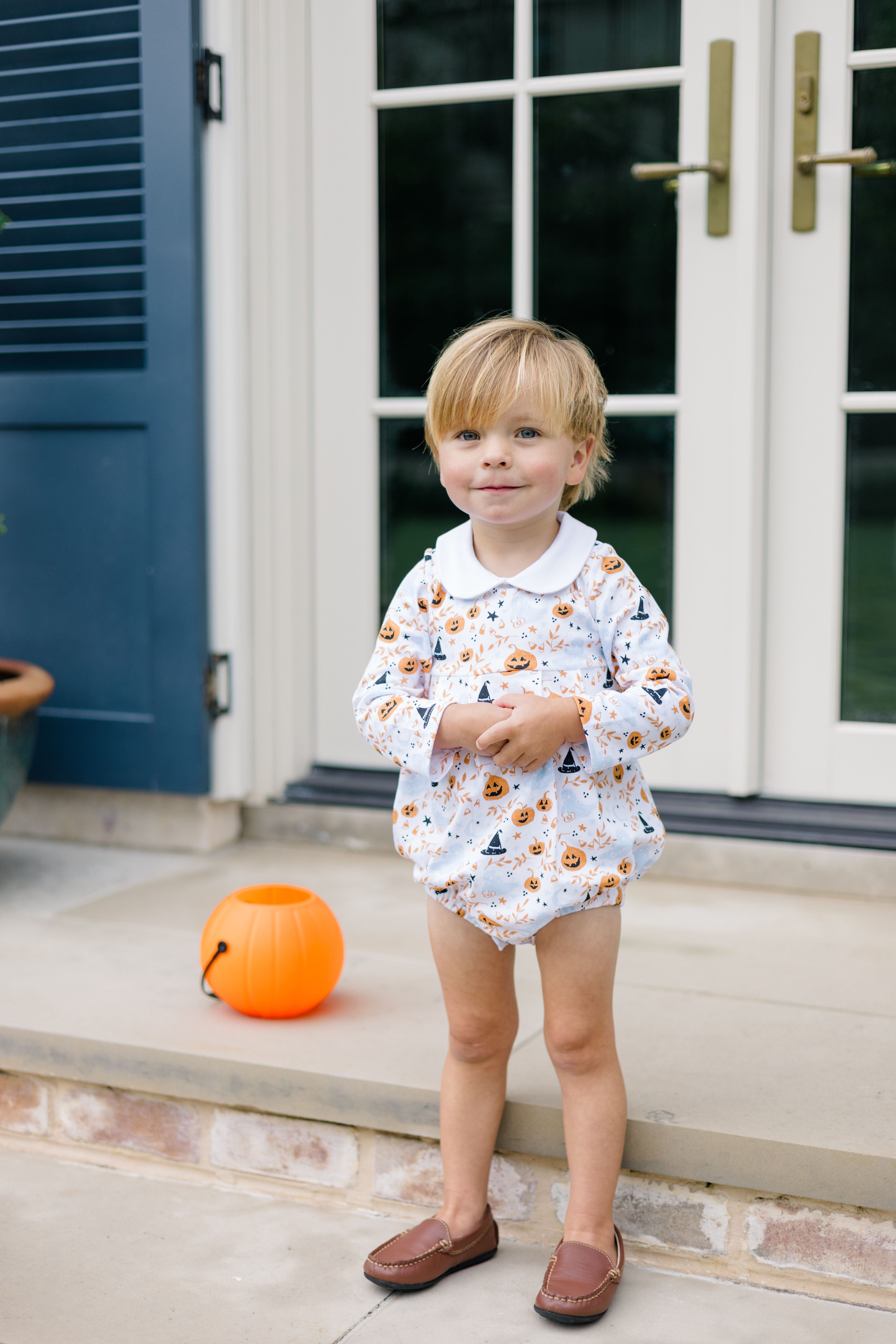 The Proper Peony Blue Casper long sleeve boy bubble in soft blue pima with ghost print