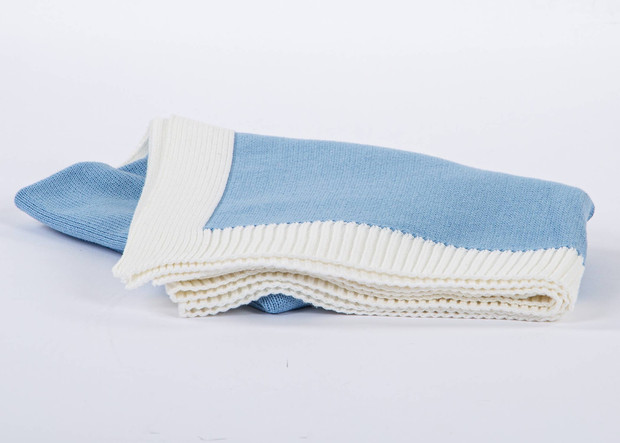 Jersey Knit Blanket with Contrast Rib Border: Blue/Cream