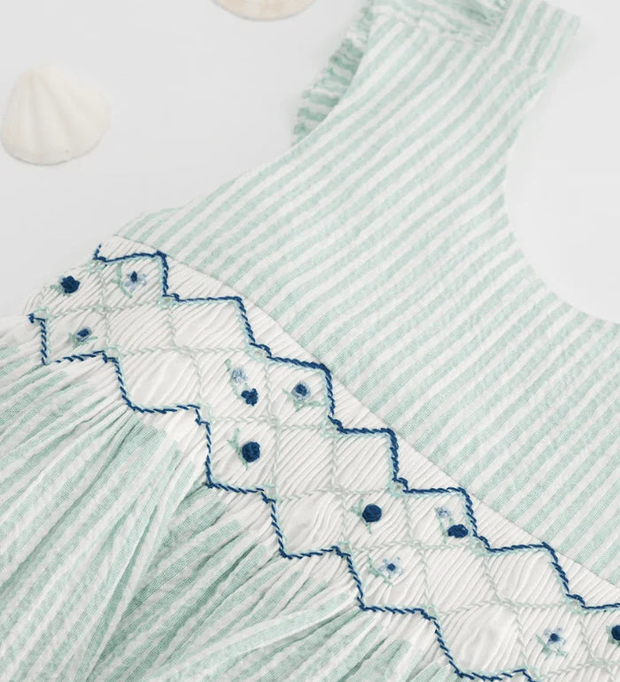 Begonia Smocked Dress - Aqua Seersucker