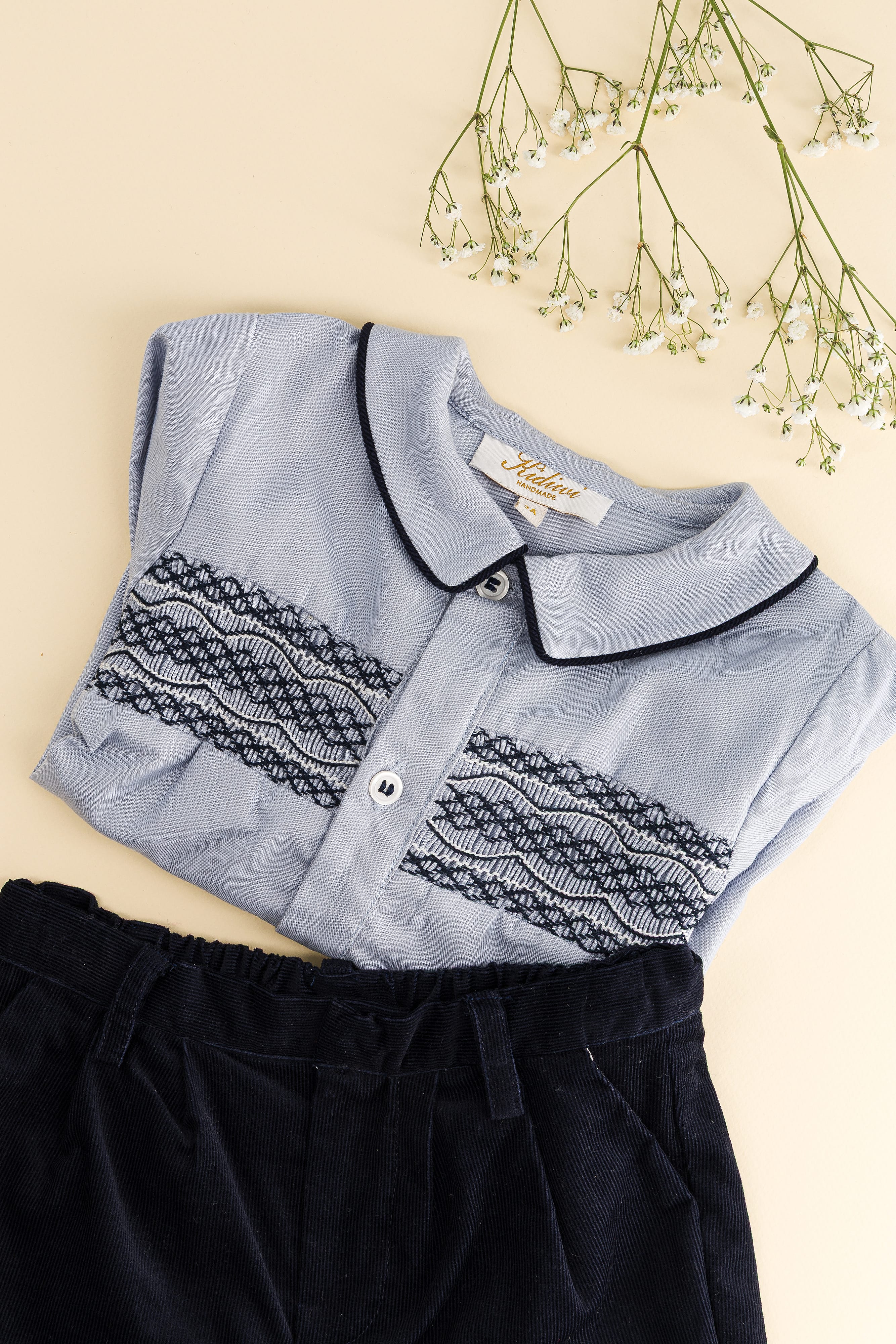 Kidiwi Benoît shirt and navy corduroy shorts