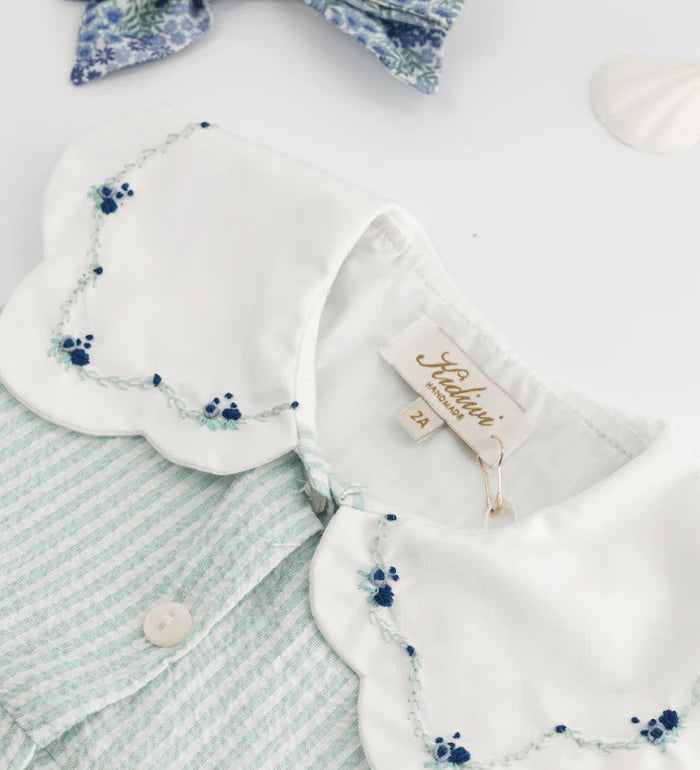 Colette Embroidered Dress - Aqua Seersucker