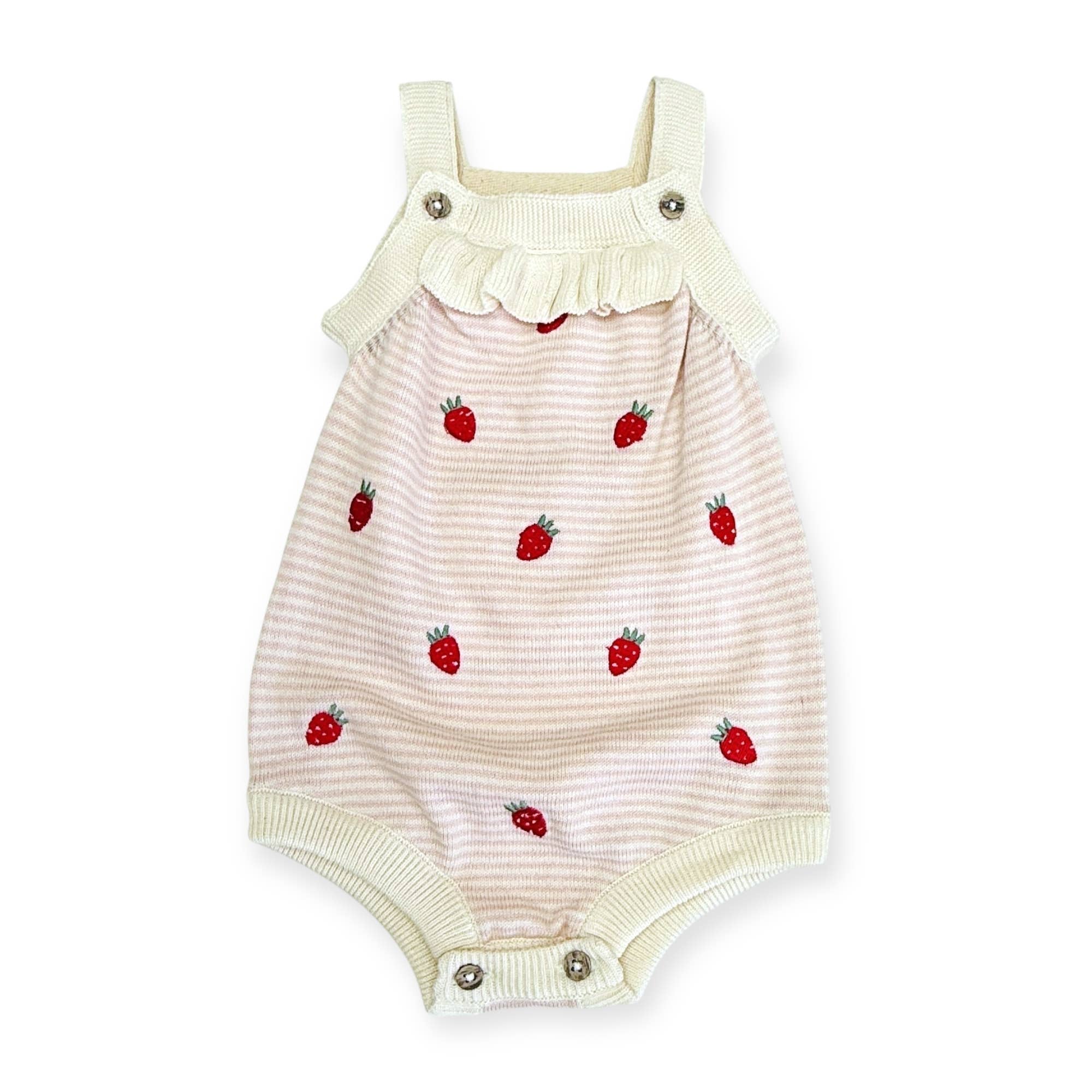 Strawberry Embroidered Knit Baby Ruffle Romper (Organic): Natural/Pink Stripe
