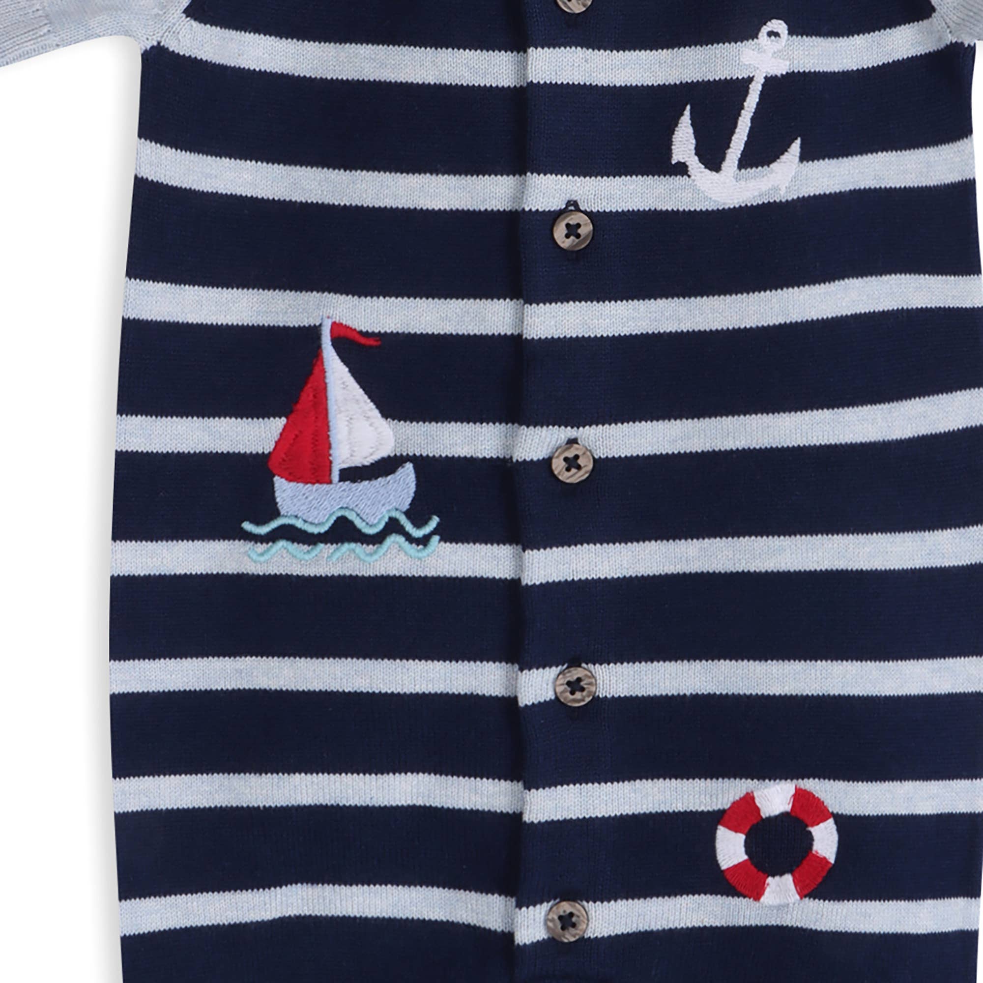 Nautical Stripe Embroidered Baby Knit Romper (Organic): Blue Heather/ Navy