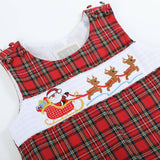 Red Christmas Plaid Santa Sleigh Smocked Overalls
