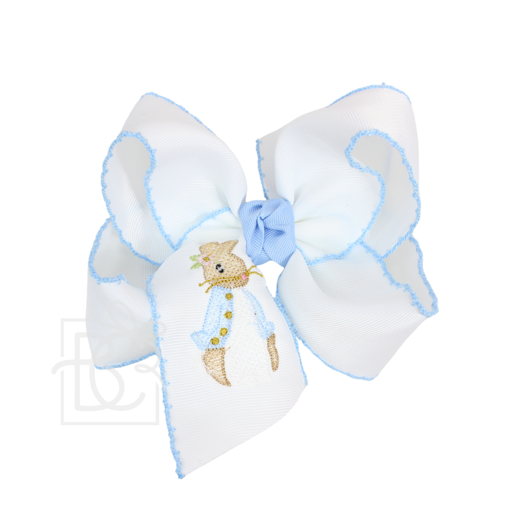 EMBROIDERED EASTER CROCHET EDGE BOWS: White w/ Millennium Blue Crochet Edge