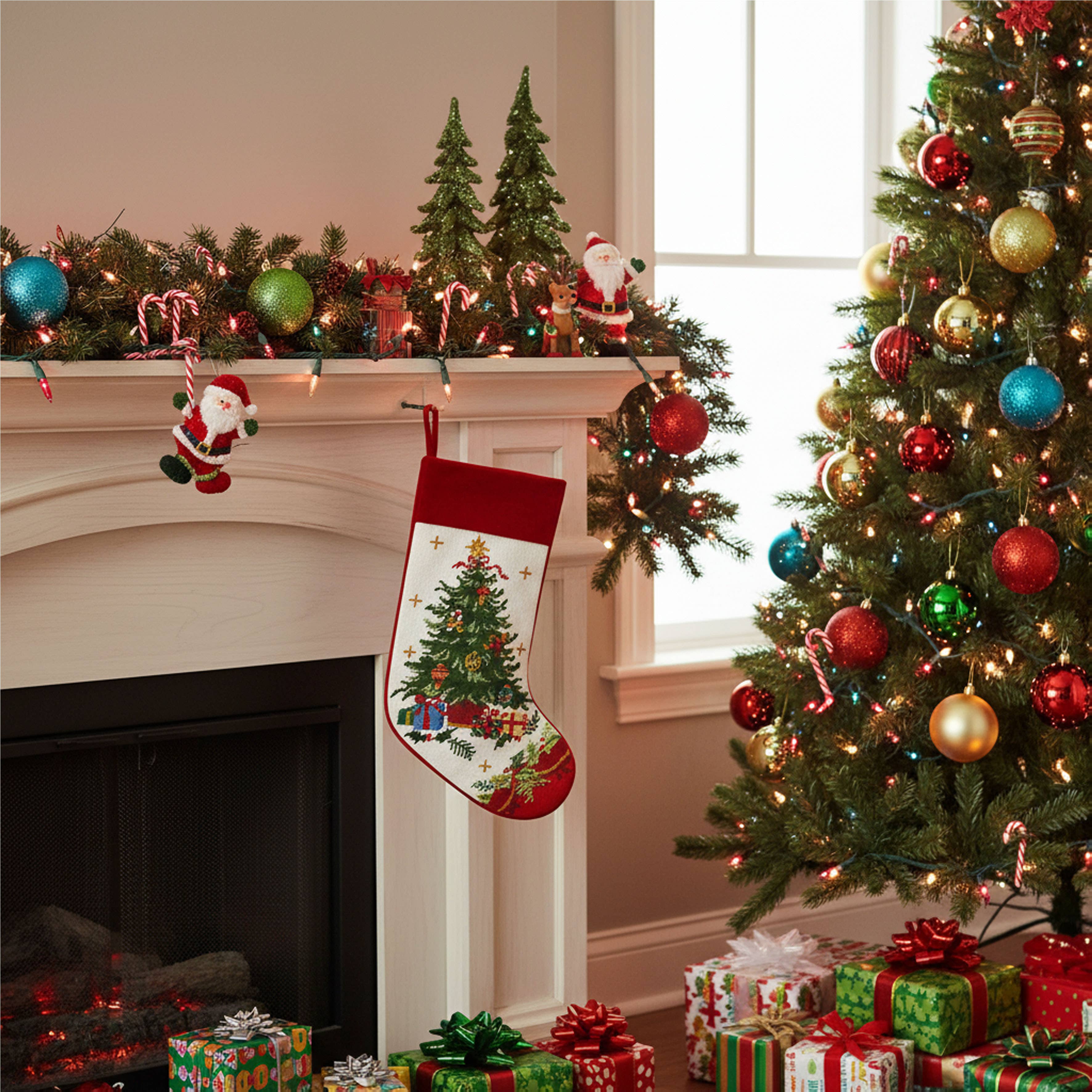 Tree w/Presents Embroidered Stocking
