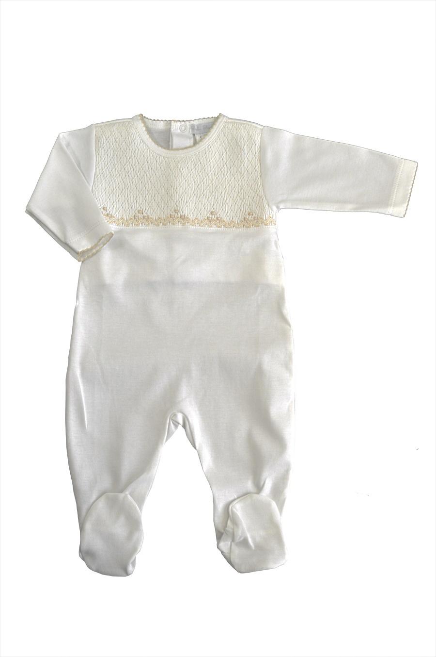 White and Ecru  Pima Cotton Footie with Ecru Picot Edge
