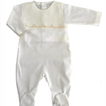 White and Ecru  Pima Cotton Footie with Ecru Picot Edge
