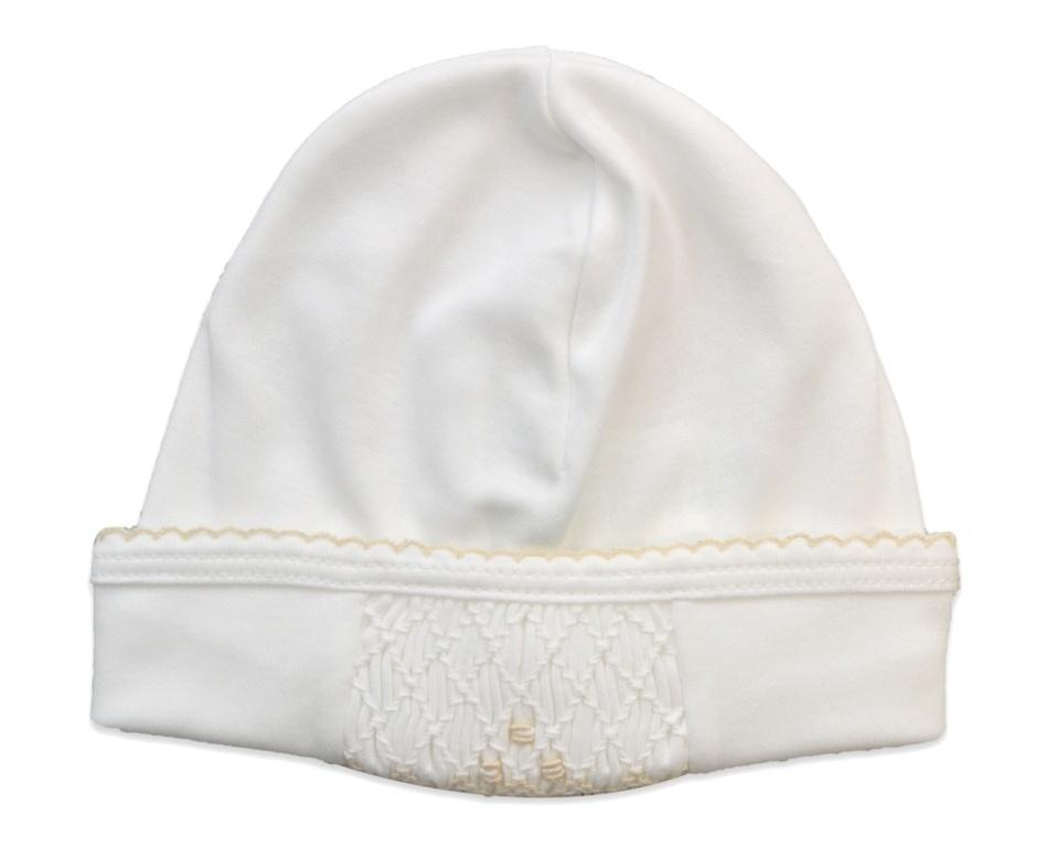 White  and Ecru Pima Cotton Hat with Ecru Picot Edge