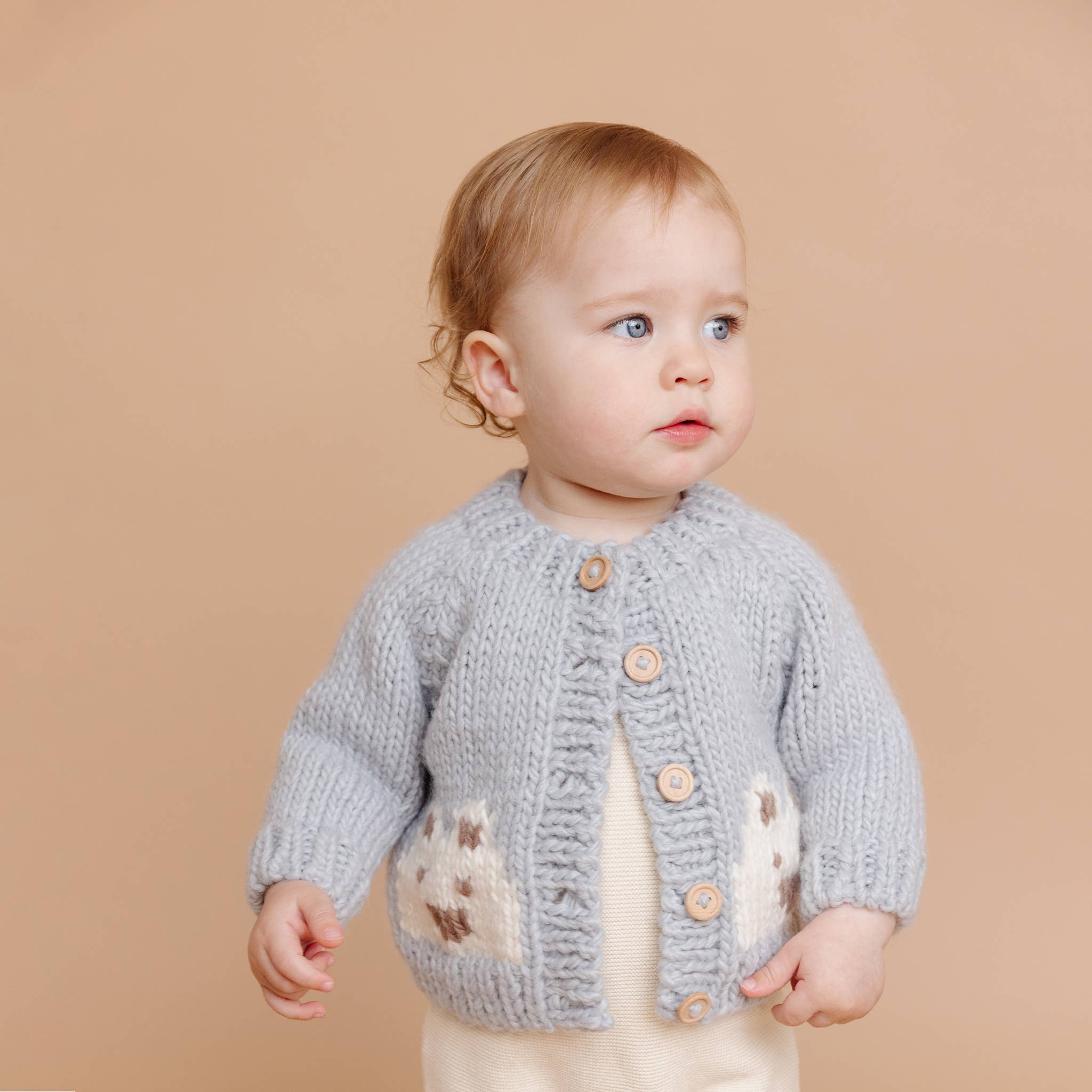 Bear Cardigan, Bowie Grey Baby Kid Sweater Fall Spring Wood: NB; 3-6M