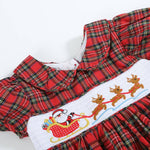 Red Christmas Plaid Santa Sleigh Smocked Dress